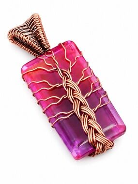 Handmade 💜 Pink & Purple Pendant with Copper Wire Tree of Life